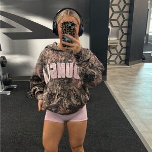 Camo Hoodie with Pink Lettering